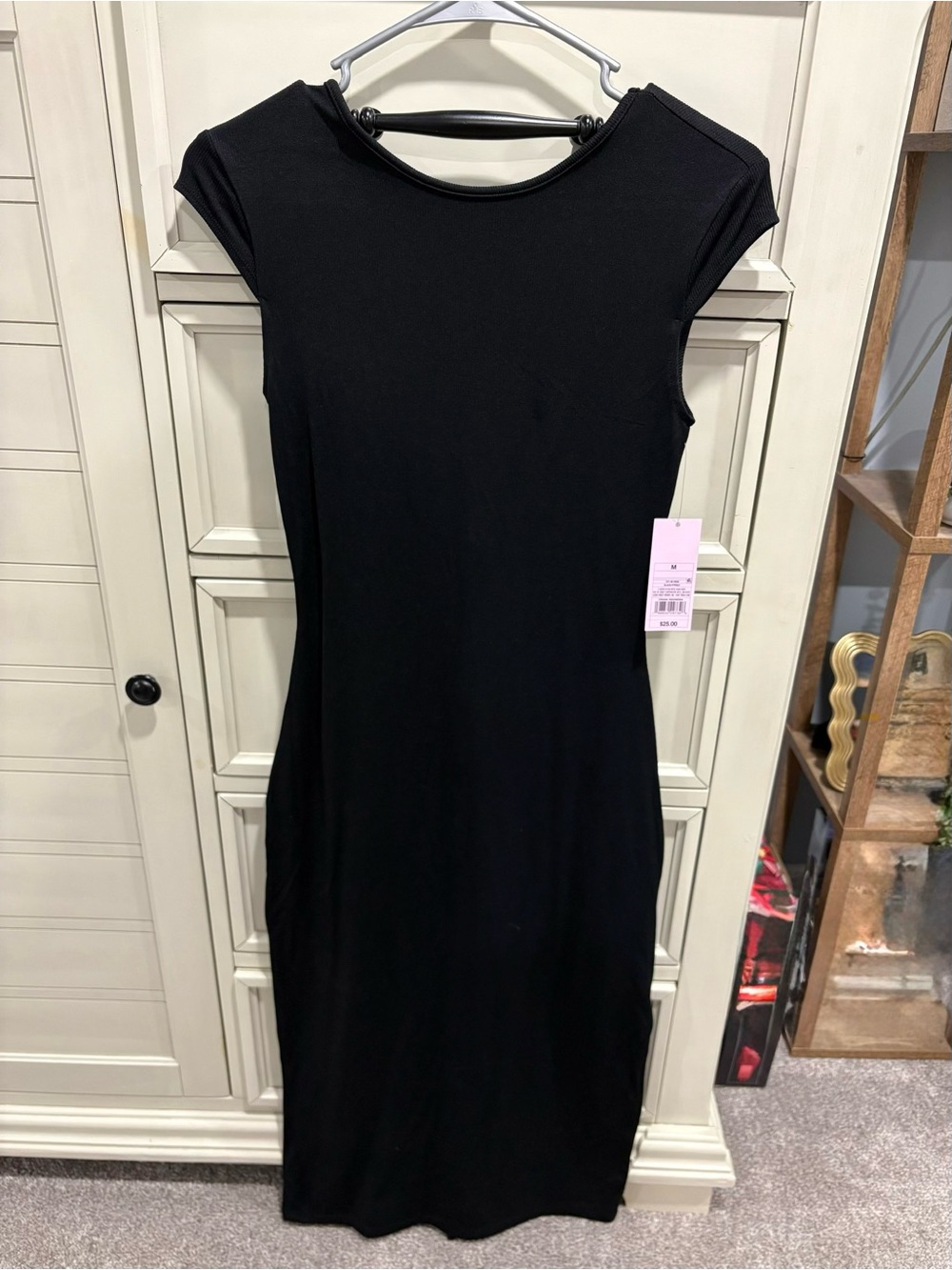 Black Cap-Sleeve Bodycon Dress, Ankle Length